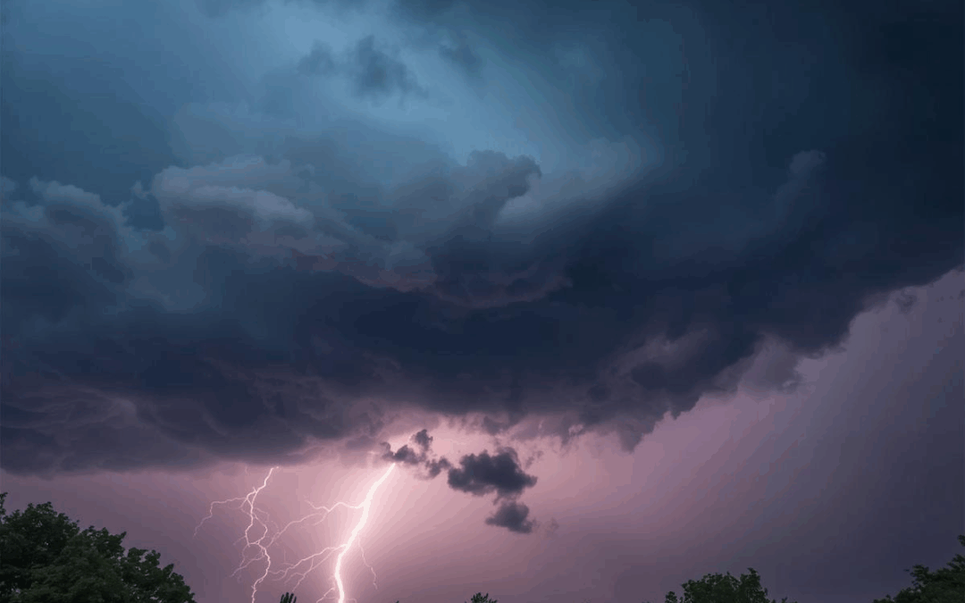 A thunderstorm looming over a neighborhood.