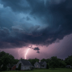 A thunderstorm looming over a neighborhood.