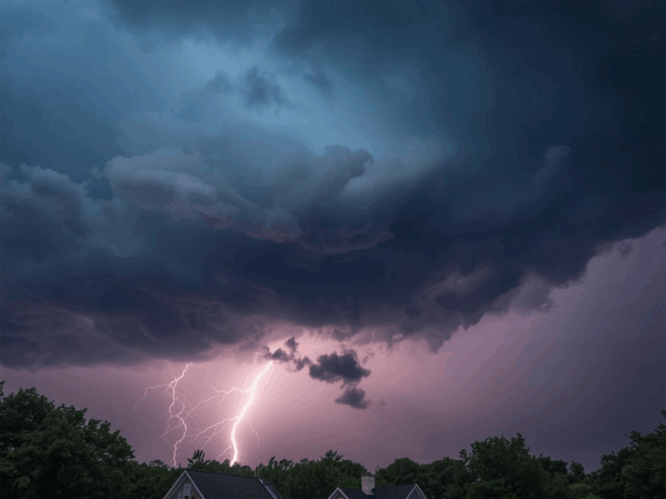 A thunderstorm looming over a neighborhood.
