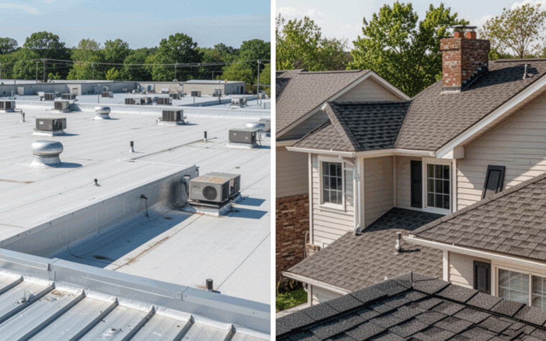 split image of a commercial roof on the left and a residential roof not he right, indicating the different roofing options for for hot texas climates.