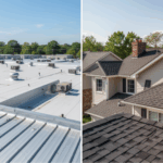 split image of a commercial roof on the left and a residential roof not he right, indicating the different roofing options for for hot texas climates.