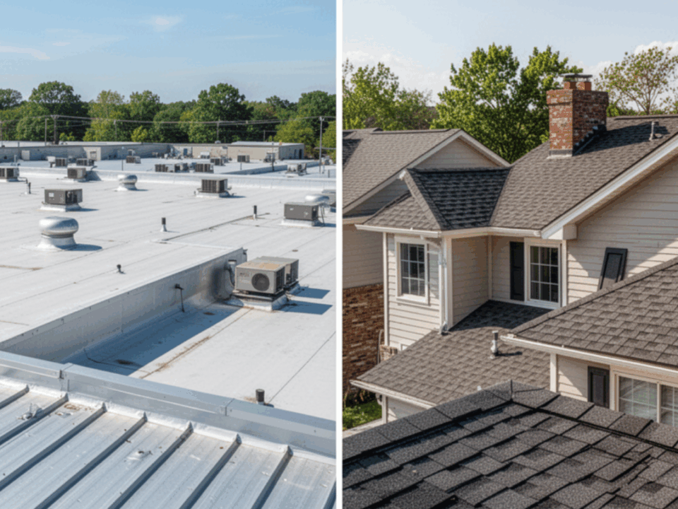 split image of a commercial roof on the left and a residential roof not he right, indicating the different roofing options for for hot texas climates.