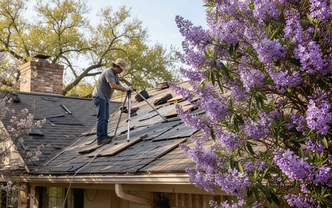 Person on a Texas roof performing a roof assessment for spring.