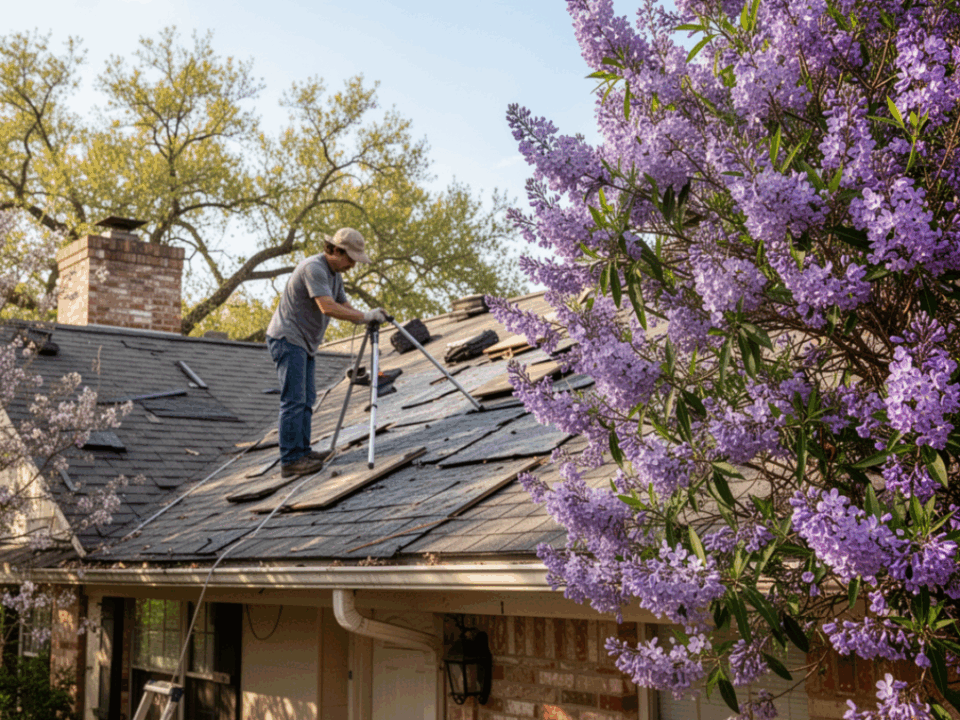 Person on a Texas roof performing a roof assessment for spring.