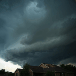 Dark storm clouds rolling in over a Texas home, with subtle roof damage visible indicating the 25% rule in Texas.