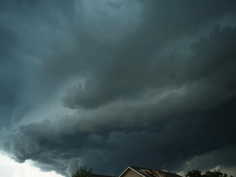 Dark storm clouds rolling in over a Texas home, with subtle roof damage visible indicating the 25% rule in Texas.