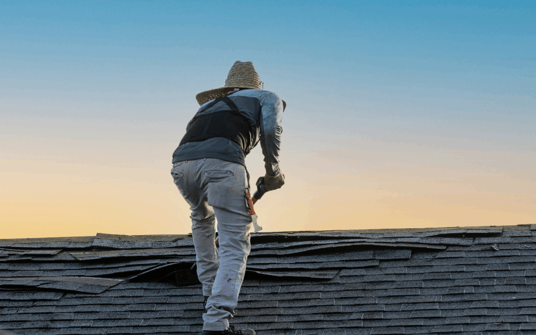 Roofing contractor scaling a roof as they lift up shingles.