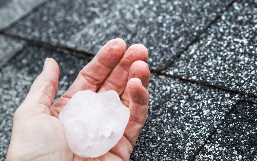 Person holding a hail core over a residential roof looking for hail damage.