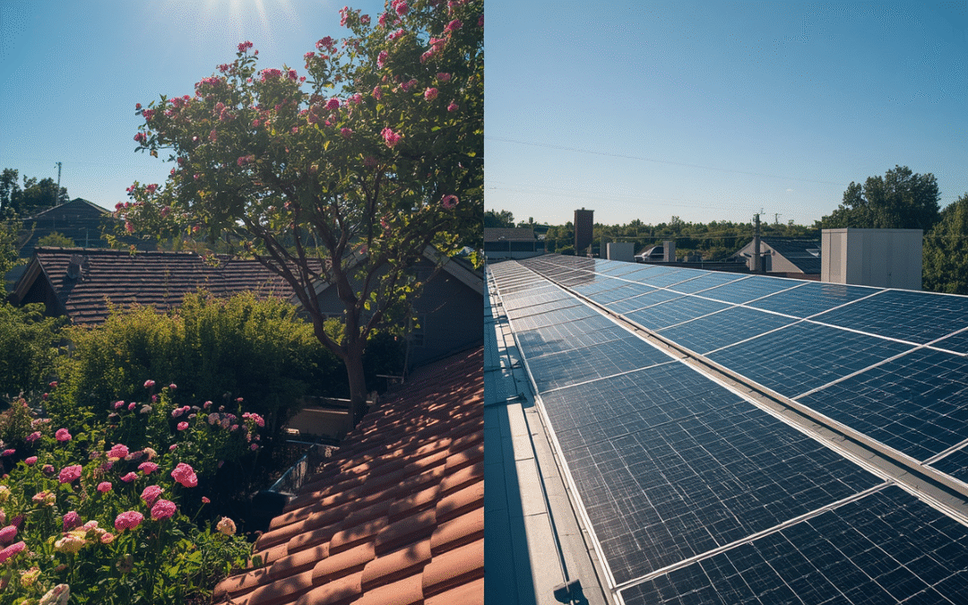Left side: residential roof, right side: commercial roof in the summer heat