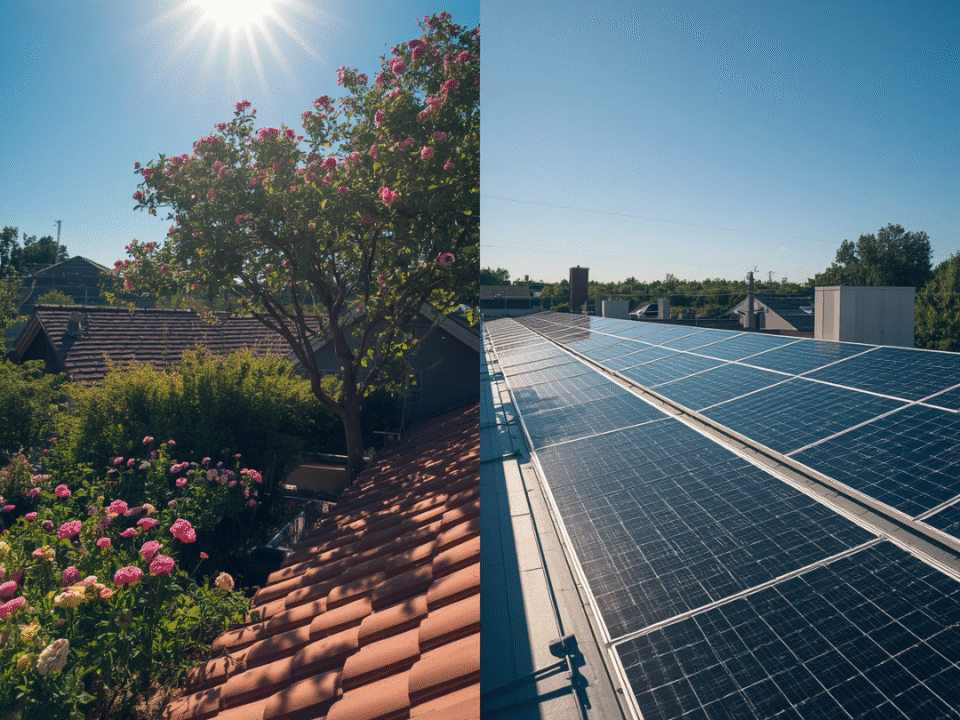 Left side: residential roof, right side: commercial roof in the summer heat