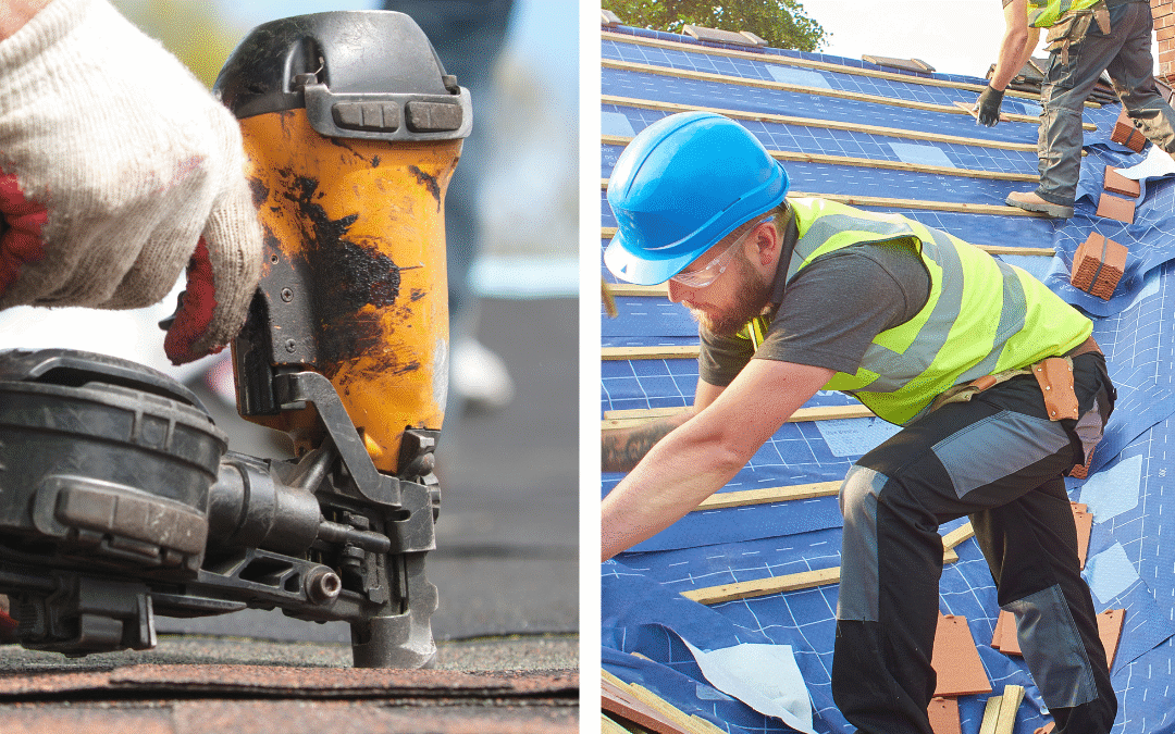 Split image of a roof repair on the left side and roof replacement on the right side.
