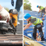 Split image of a roof repair on the left side and roof replacement on the right side.