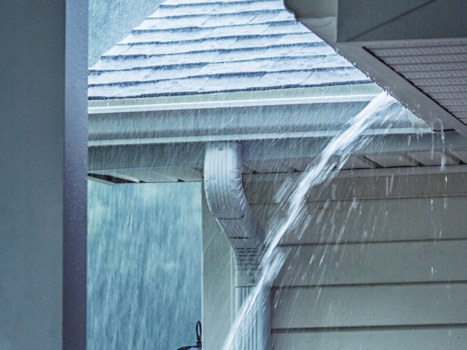 Close up of a San Antonio roof with heavy rain falling off of it.