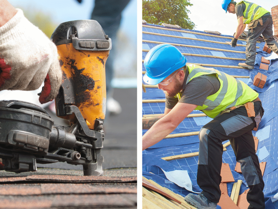 Split image of a roof repair on the left side and roof replacement on the right side.