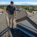 A roofing professional walking a residential roof, examining shingles, flashing, or roof edges.